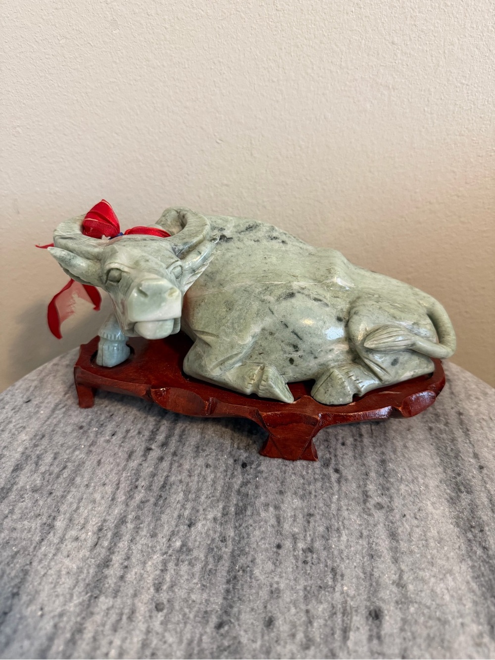 Hand carved Green Jade-Look/Serpentine Reclining Water Buffalo on Wooden Stand